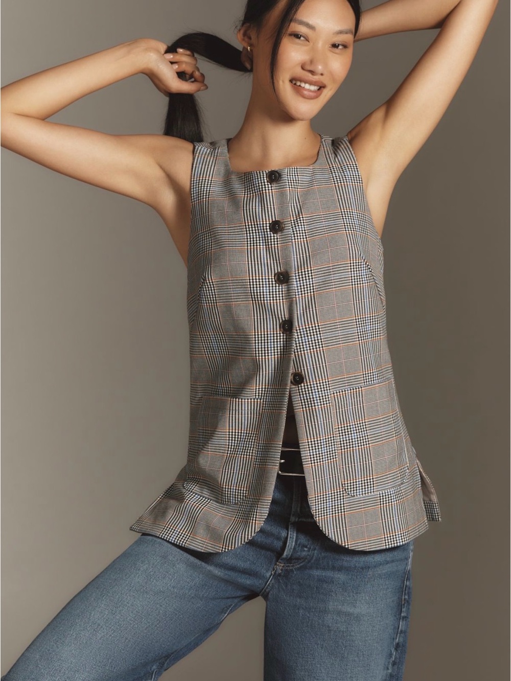 Anthropologie Plaid Button-Front Sleeveless Top in Gray and Brown